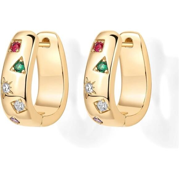 14K Gold Plated Posts Chunky Huggie Earrings for Women - Picture 3 of 6